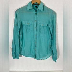 LAUREN Ralph Lauren Cotton Silk Blend Button Up Womens Size XS Blue Shirt Top